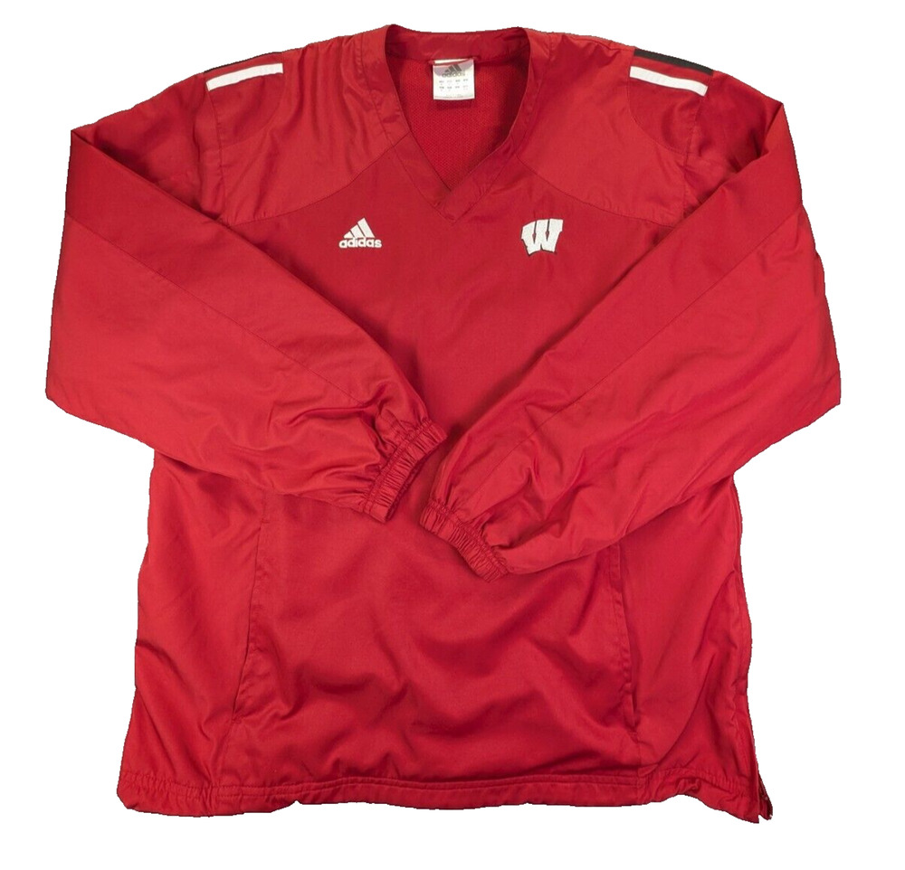 Wisconsin Badgers Jacket Mens Medium Red Adidas Pullover Windbreaker V-Neck